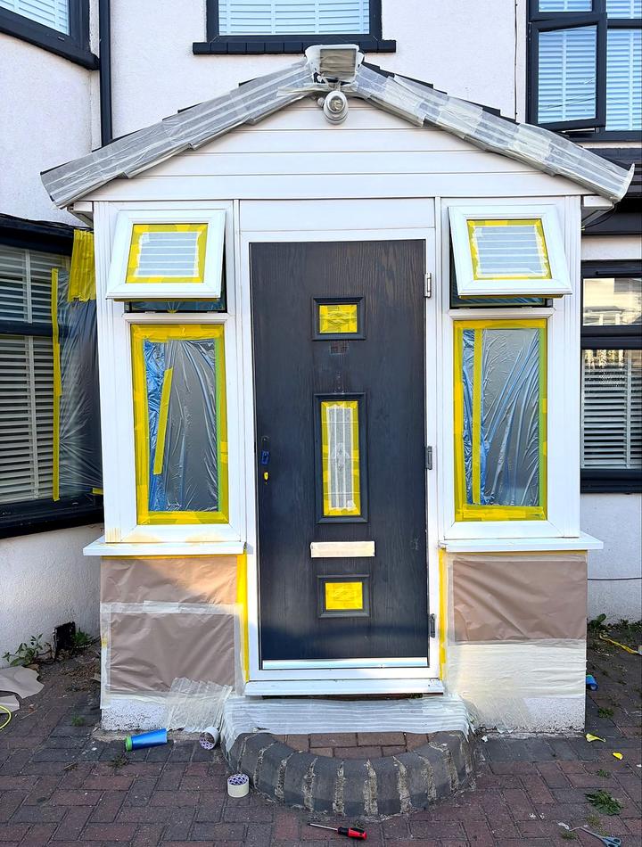 Front door and porch masked for spraying